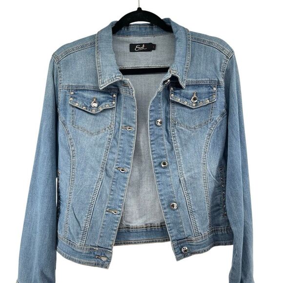 Earl Jean Y2K Rhinestone Embellished Light Wash Denim Jacket Women’s Large NWT - Picture 1 of 17